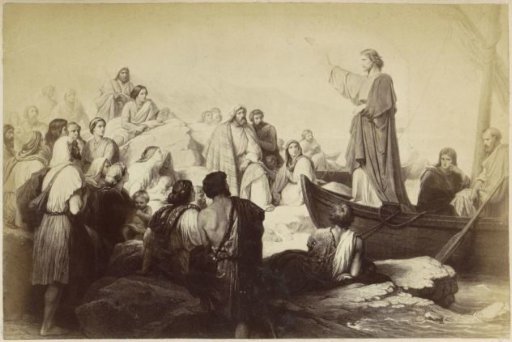 Photographic reproduction of (presumably) a print of Jesus preaching from a boat