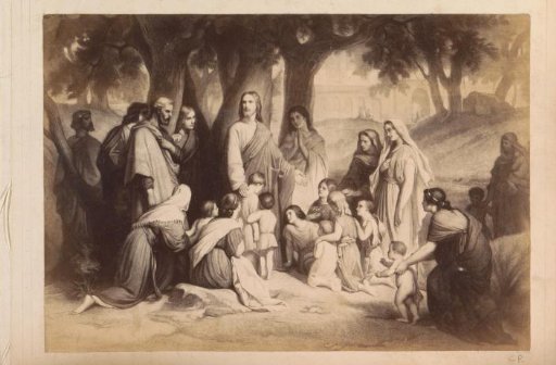 Photographic reproduction of (presumably) a print of Jesus with children (Suffer the little children to come unto me)