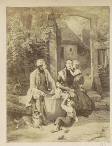 Photographic reproduction of (presumably) a print of parents with children at a gate