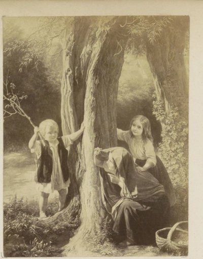 Photographic reproduction of (presumably) a print of children playing in the forest