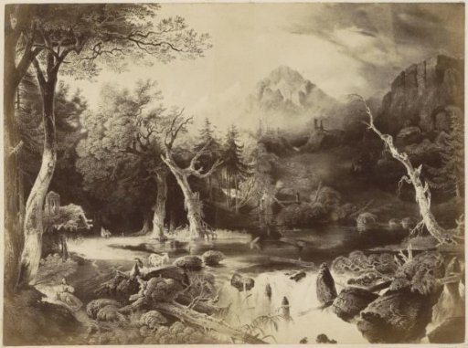 Photographic reproduction of (presumably) a print of a landscape with mountains, trees, and a woman by the water