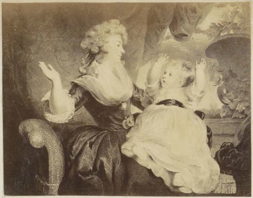 Photographic reproduction of (presumably) a print of a mother playing with her baby