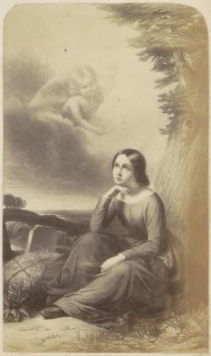 Photographic reproduction of (presumably) a print of a mother musing over her deceased child