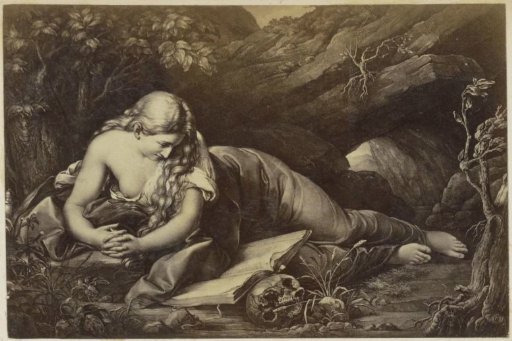 Photographic reproduction of (presumably) a print of a praying Mary Magdalene in the wilderness