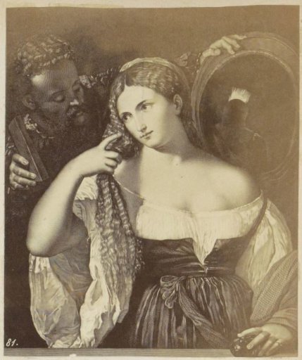 Photographic reproduction of (presumably) a print of a man and a woman at a mirror