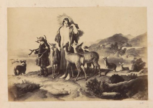 Photographic reproduction of (presumably) a print of a woman and a child among deer