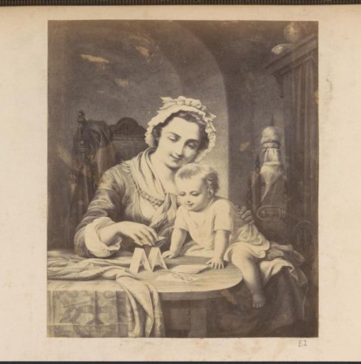 Photographic reproduction of (presumably) a print of a mother building a house of cards with her child