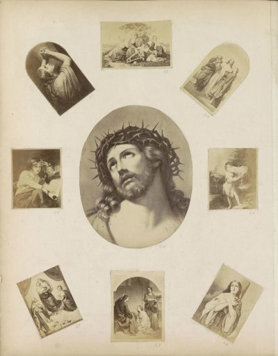 Photographic reproduction of (presumably) a print of a biblical scene with a chained man with a lyre surrounded by women