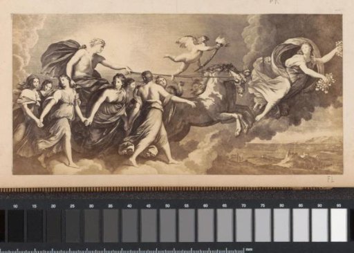 Photographic reproduction of (presumably) a print after a fresco by Guido Reni, depicting Aurora