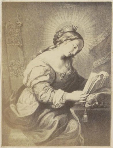 Photographic reproduction of (presumably) a print of a reading holy woman with a crown