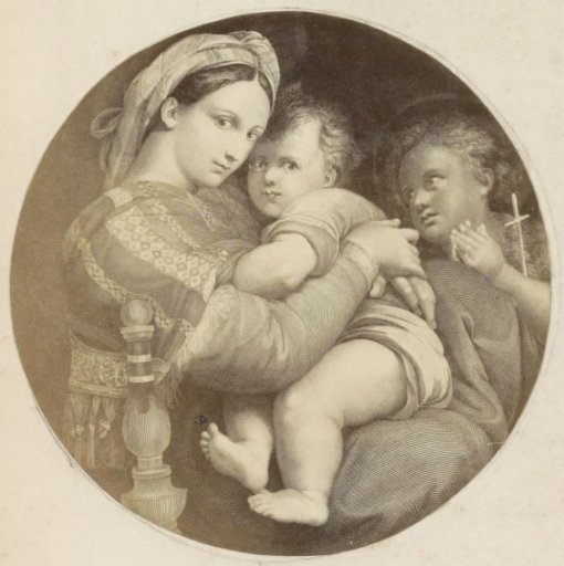 Photographic reproduction of (presumably) a print after a painting by Raphael (Madonna della Sedia)