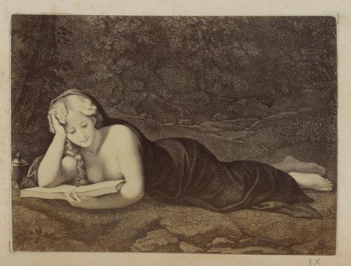 Photographic reproduction of (presumably) a print of a Mary Magdalene in the wilderness