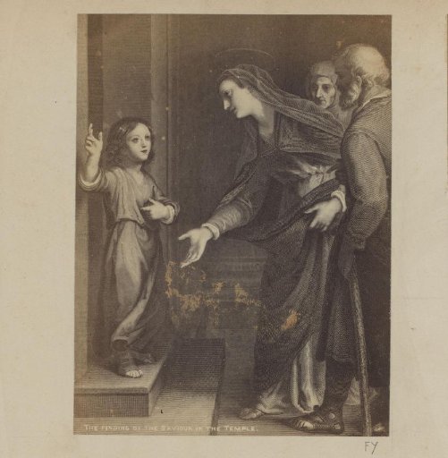 Photographic reproduction of (presumably) a print depicting the young Christ found in the temple
