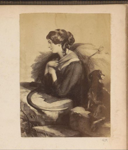 Photographic reproduction of (presumably) a print of a young woman with ears of corn, a sickle and a dog