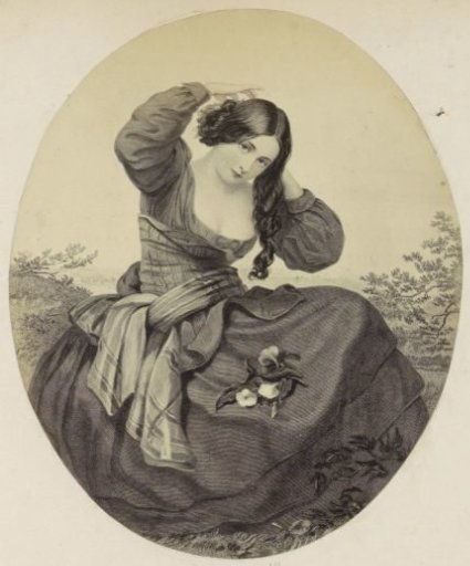 Photographic reproduction of (presumably) a print of a young woman arranging her hair
