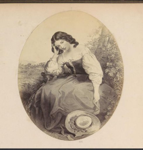 Photographic reproduction of (presumably) a print of a young woman sitting at the foot of a tree