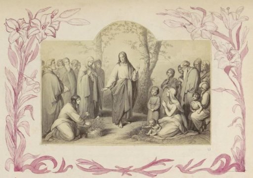 Photographic reproduction of (presumably) a print of Christ among men, women, and children