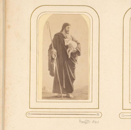Photographic reproduction of a painting of a shepherd with a sheep