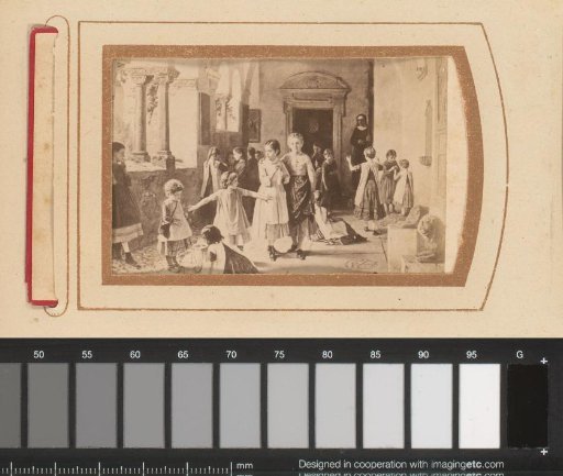 Photographic reproduction of a painting of playing children in the corridor of a monastery by Benjamin Vautier