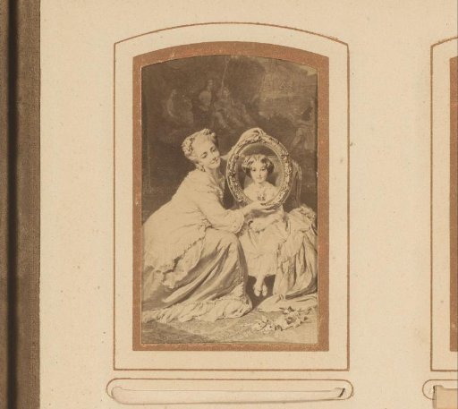 Photographic reproduction of a painting of a woman holding a frame above the head of a girl