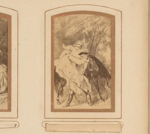 Photographic reproduction of a painting of a man pulling a woman from a horse