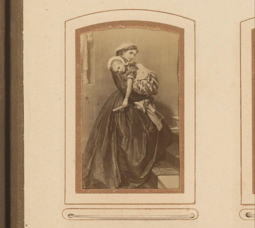 Photographic reproduction of a painting of a woman climbing stairs with a girl in her arms