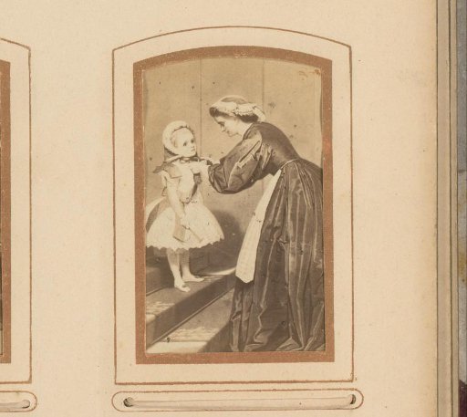 Photographic reproduction of a painting of a woman tying a girl's hat, standing on a staircase