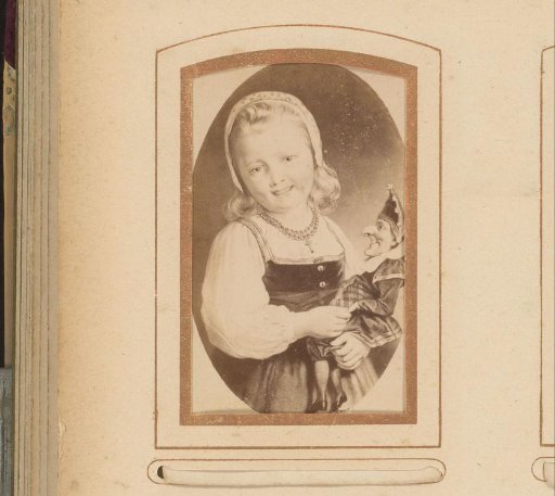 Photographic reproduction of a painted portrait of a happy-looking girl with a doll on her arm