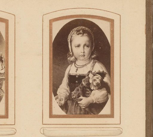 Photographic reproduction of a painted portrait of a sad-looking girl with a doll on her arm