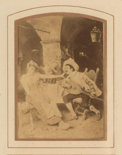 Photographic reproduction of a painting of a man playing a bawdy song for a woman in a tavern by Federigo Andreotti