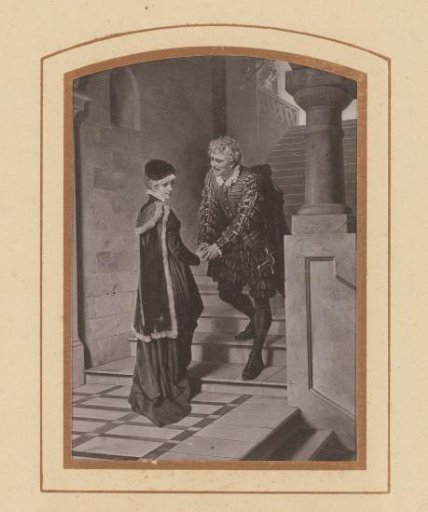 Reproduction of a painting of a man and a woman on a staircase by Hermann Kaulbach