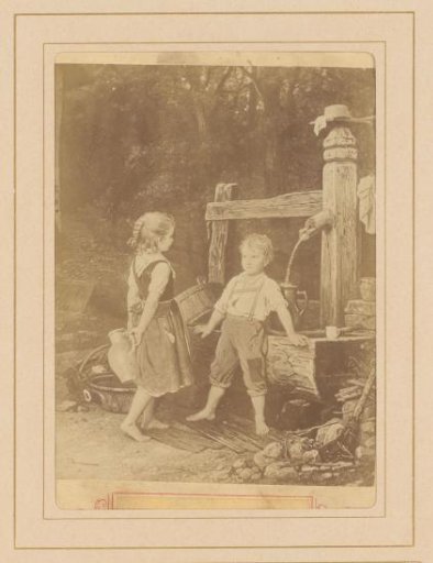Photographic Reproduction of a Painting with a Boy and Girl at a Water Pump by Johann Georg Meyer