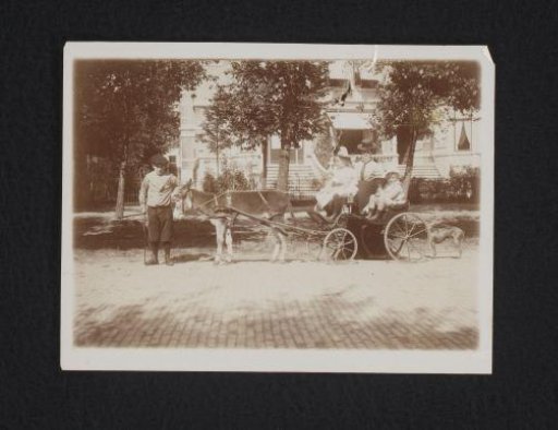 Boy at a donkey cart with three children and a woman