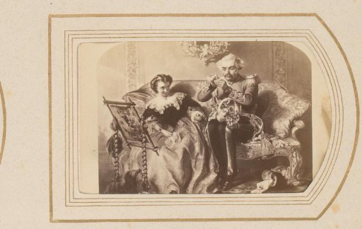 Photographic reproduction of a painting of a man and woman with embroidery