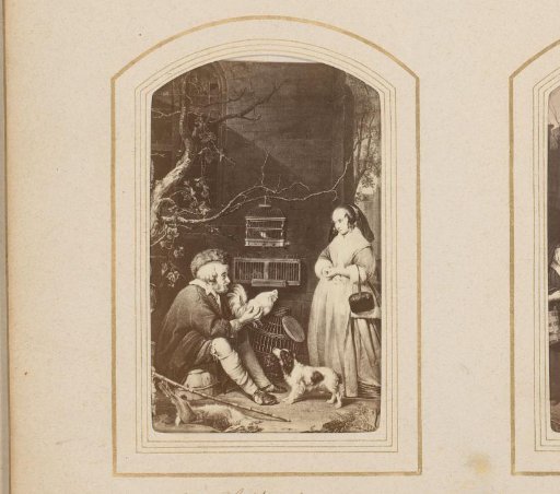 Photographic reproduction of Old game and poultry seller showing a rooster to a young woman by Gabriel Metsu