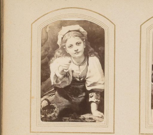 Photographic reproduction of a painted portrait of a girl with a basket of strawberries