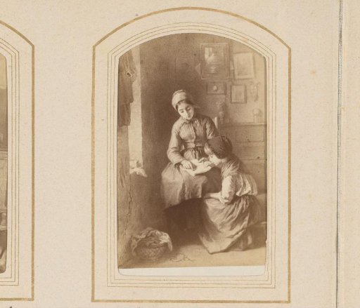 Photographic reproduction of a painting of a woman teaching a girl to read