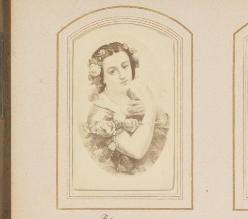 Photographic reproduction of a painted portrait of a woman with flowers in her hair