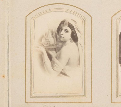 Photographic reproduction of a painted portrait of a woman with a tray