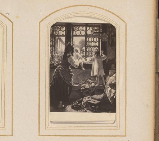 Photographic reproduction of a painting of an interior with mother and children looking out through a window