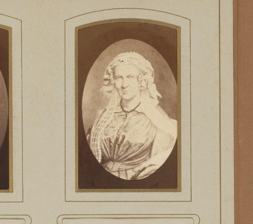 Photographic reproduction of a painted portrait of a woman, designated as Grandmother Ghesquiere