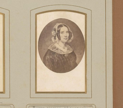 Photographic reproduction of a painted portrait of a woman, designated as Grandmother Ghesquiere