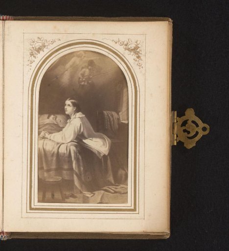 Photographic reproduction of a painting of a praying woman by a sleeping child