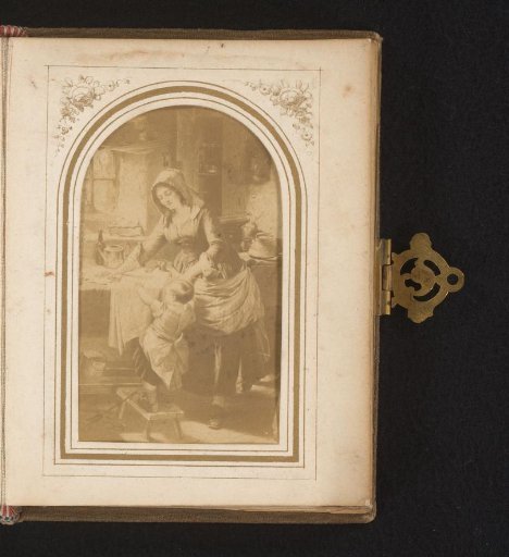 Photographic reproduction of a painting; a genre scene of a woman with a child in the kitchen