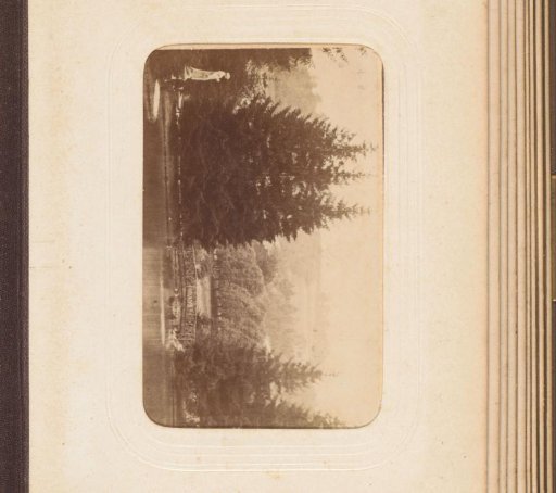 Lake with a bridge and statue, with a coniferous forest in a mountain range in the background