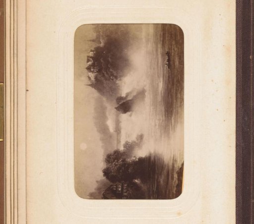 Photographic reproduction of a painting of a landscape with a waterfall, a castle, a bridge and a boat