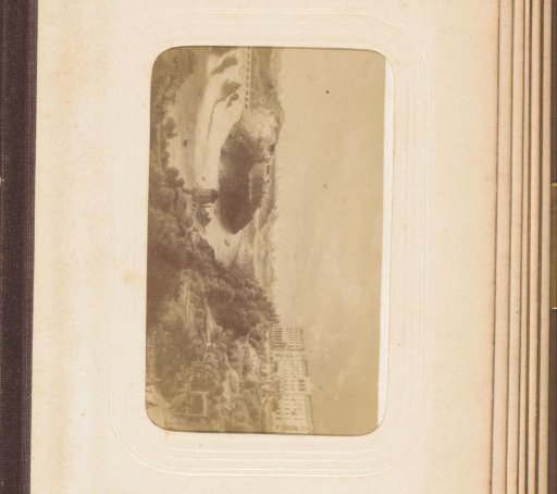 Photoreproduction of a drawing of Hotel Schweizerhof and waterfalls in the Rhine
