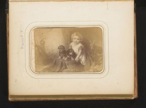 Photographic Reproduction of a Painting of a Child with Puppies on a Barrel by George Augustus Holmes