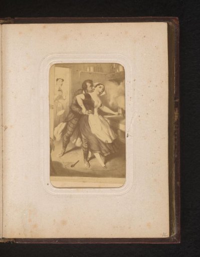 Photographic reproduction of a drawing of a man surprising a woman in the kitchen and kissing her neck