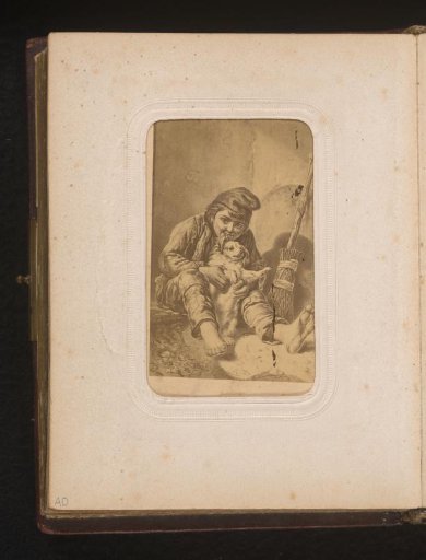 Photographic reproduction of a drawing of a seated boy with a small dog